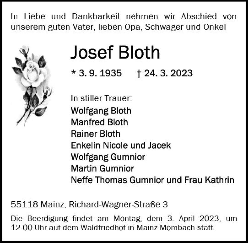  Traueranzeige für Josef Bloth vom 01.04.2023 aus Allgemeine Zeitung Mainz