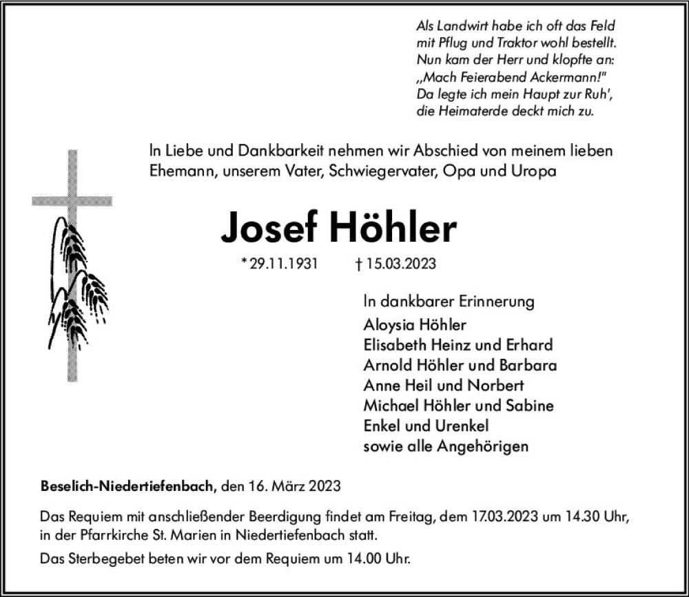  Traueranzeige für Josef Höhler vom 16.03.2023 aus Nassauische Neue Presse