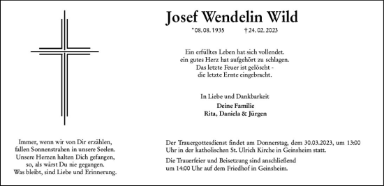 Traueranzeige von Josef Wendelin Wild von Groß-Gerauer Echo