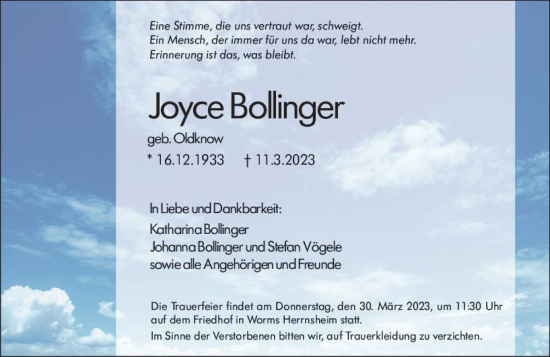 Traueranzeige von Joyce Bollinger von Wormser Zeitung