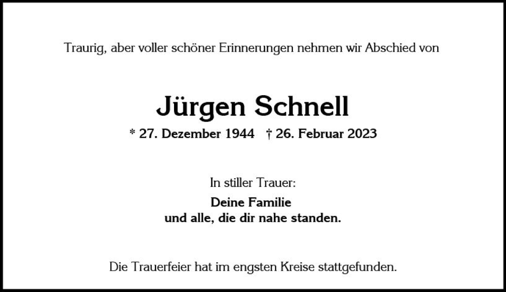  Traueranzeige für Jürgen Schnell vom 11.03.2023 aus Wiesbadener Kurier