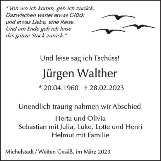 Traueranzeige von Jürgen Walther von Odenwälder Echo