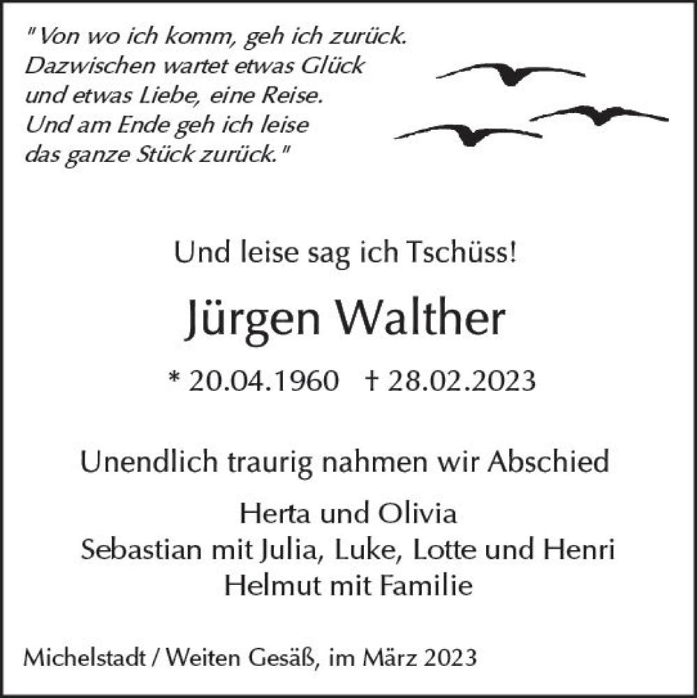  Traueranzeige für Jürgen Walther vom 18.03.2023 aus Odenwälder Echo