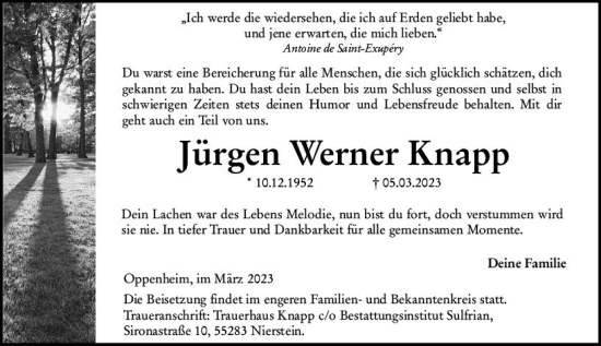 Traueranzeige von Jürgen Werner Knapp von Allgemeine Zeitung Mainz