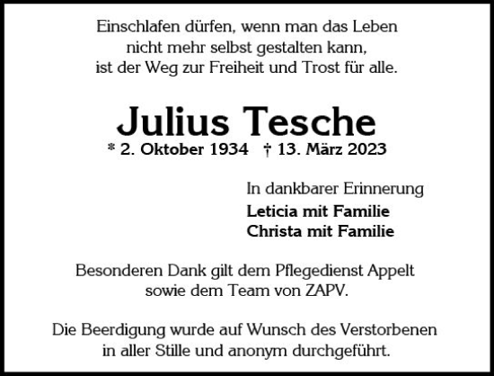Traueranzeige von Julius Tesche von Wiesbadener Kurier