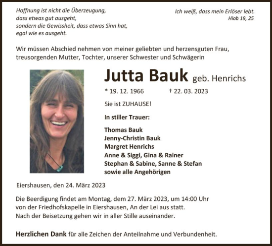 Traueranzeige von Jutta Bauk von Hinterländer Anzeiger