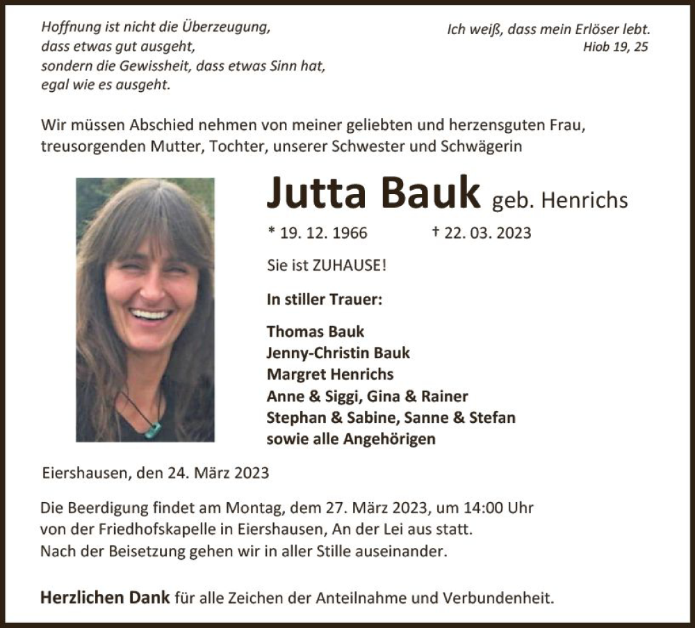  Traueranzeige für Jutta Bauk vom 24.03.2023 aus Hinterländer Anzeiger