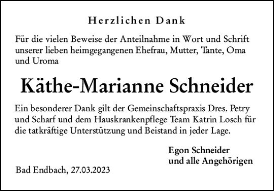 Traueranzeige von Käthe-Marianne Schneider von Oberhessische Zeitung