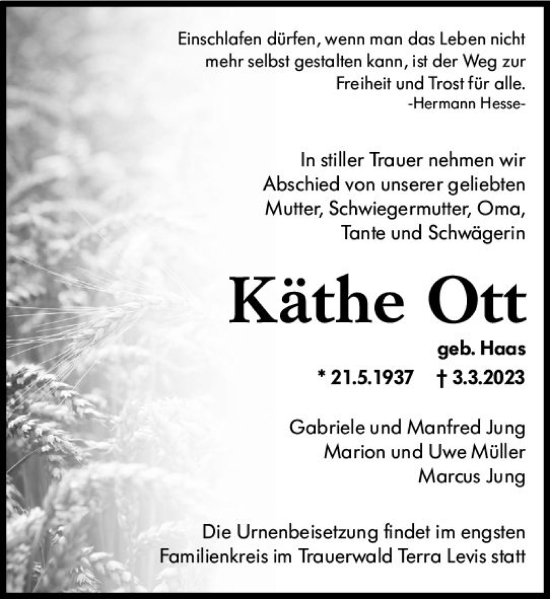 Traueranzeige von Käthe Ott von Wiesbadener Kurier