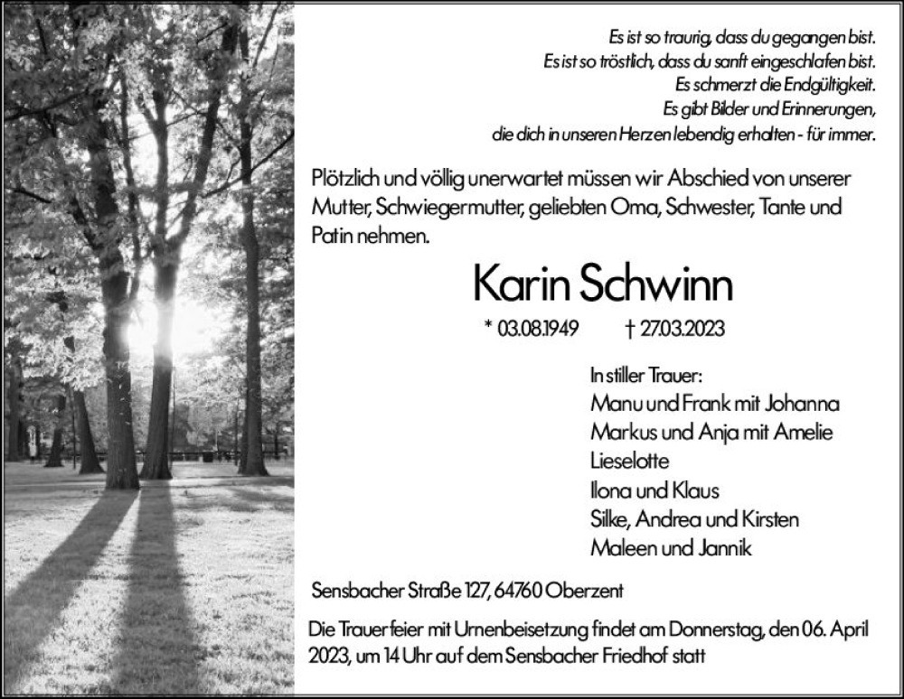  Traueranzeige für Karin Schwinn vom 01.04.2023 aus Odenwälder Echo
