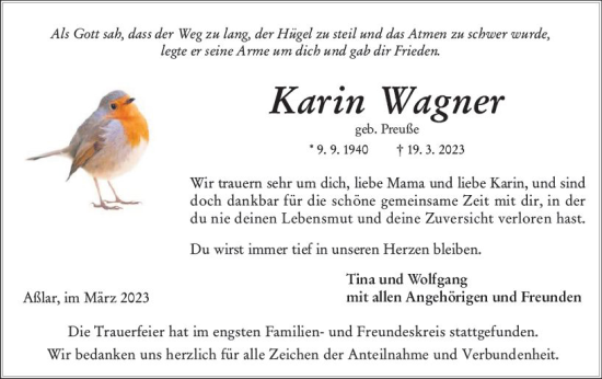 Traueranzeige von Karin Wagner von Wetzlarer Neue Zeitung