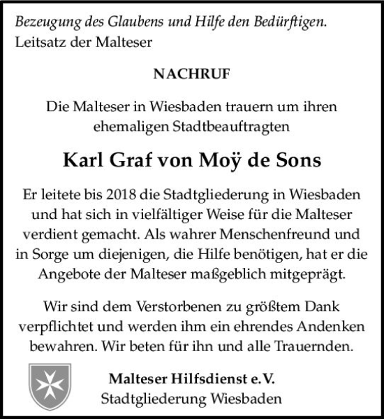Traueranzeige von Karl Graf von Moy de Sons von Wiesbadener Kurier