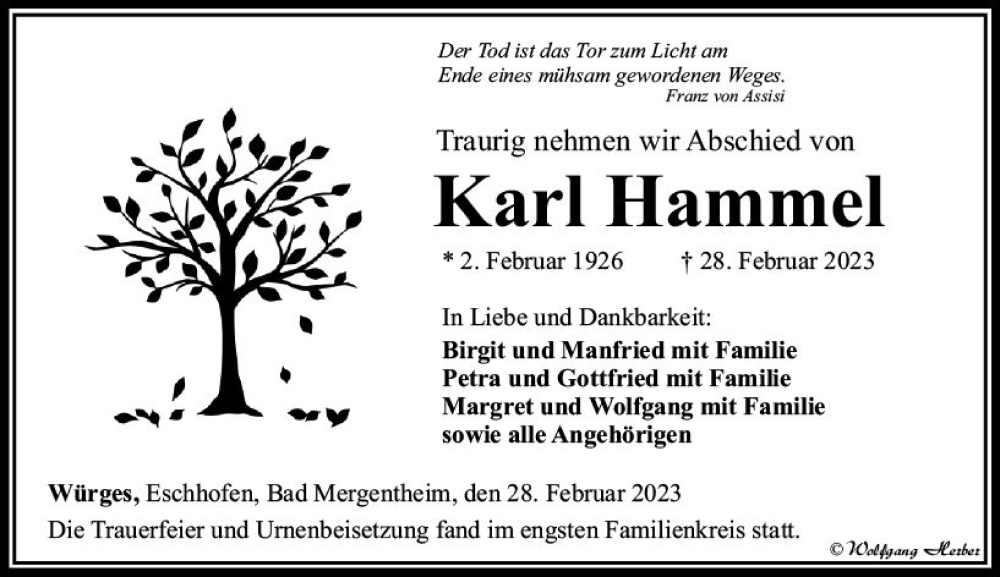  Traueranzeige für Karl Hammel vom 11.03.2023 aus Nassauische Neue Presse