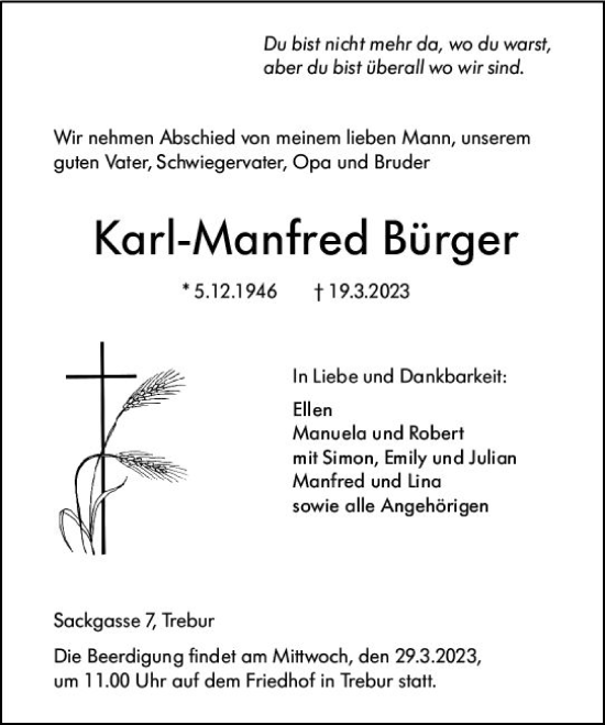 Traueranzeige von Karl-Manfred Bürger von Groß-Gerauer Echo
