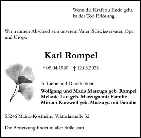 Traueranzeige von Karl Rompel von Allgemeine Zeitung Mainz