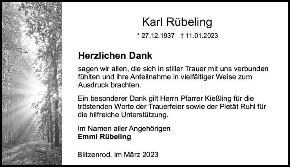  Traueranzeige für Karl Rübeling vom 18.03.2023 aus Lauterbacher Anzeiger