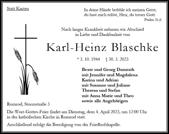 Traueranzeige von Karl Heinz Blaschke von Oberhessische Zeitung
