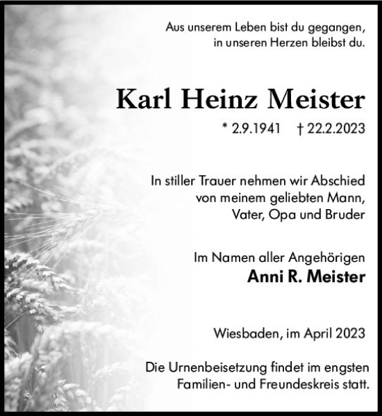 Traueranzeige von Karl Heinz Meister von Wiesbadener Kurier