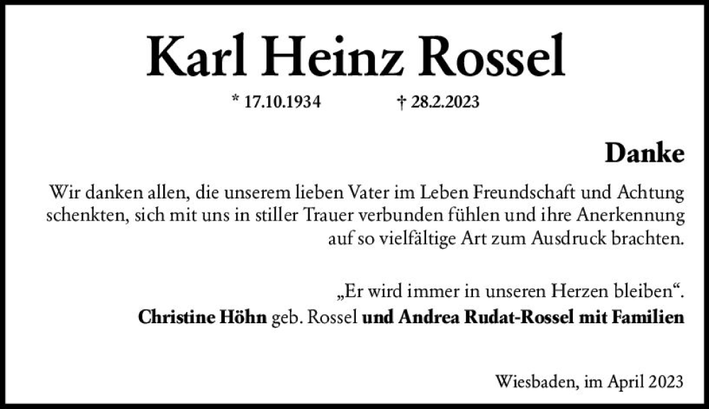  Traueranzeige für Karl Heinz Rossel vom 01.04.2023 aus Wiesbadener Kurier