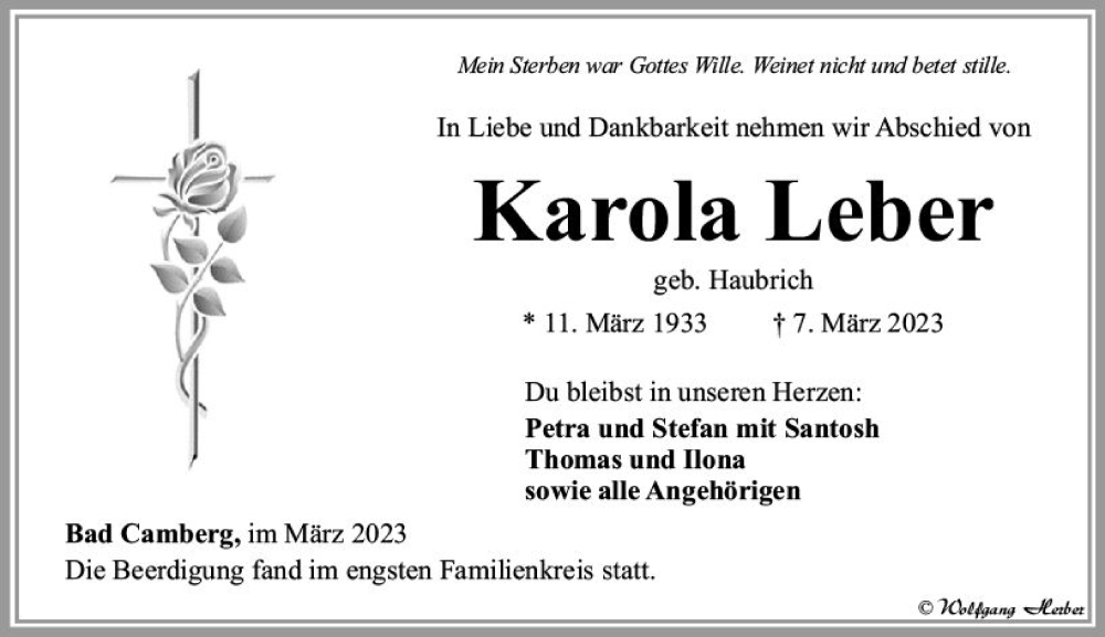  Traueranzeige für Karola Leber vom 16.03.2023 aus Camberger Anzeiger