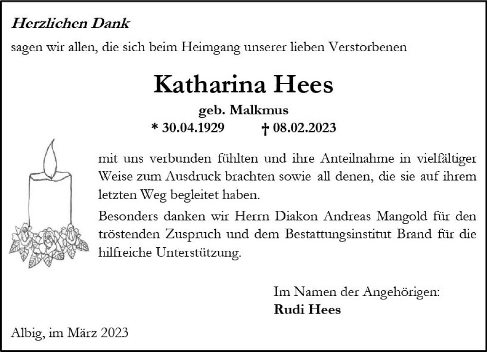  Traueranzeige für Katharina Hees vom 11.03.2023 aus Allgemeine Zeitung Alzey