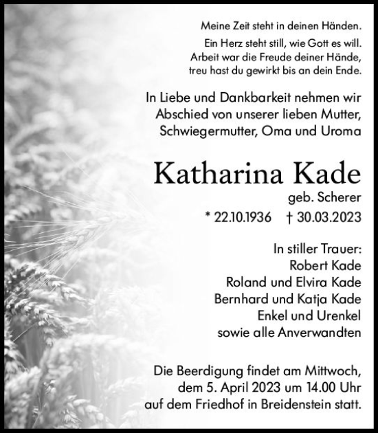 Traueranzeige von Katharina Kade von Hinterländer Anzeiger