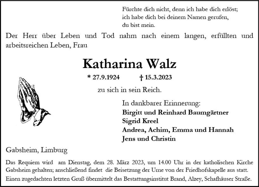  Traueranzeige für Katharina Walz vom 18.03.2023 aus Allgemeine Zeitung Alzey