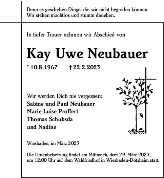 Traueranzeige von Kay Uwe Neubauer von Wiesbadener Kurier