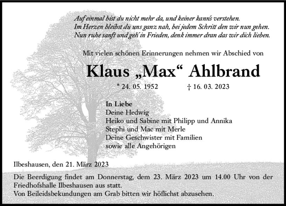  Traueranzeige für Klaus Ahlbrand vom 21.03.2023 aus Lauterbacher Anzeiger