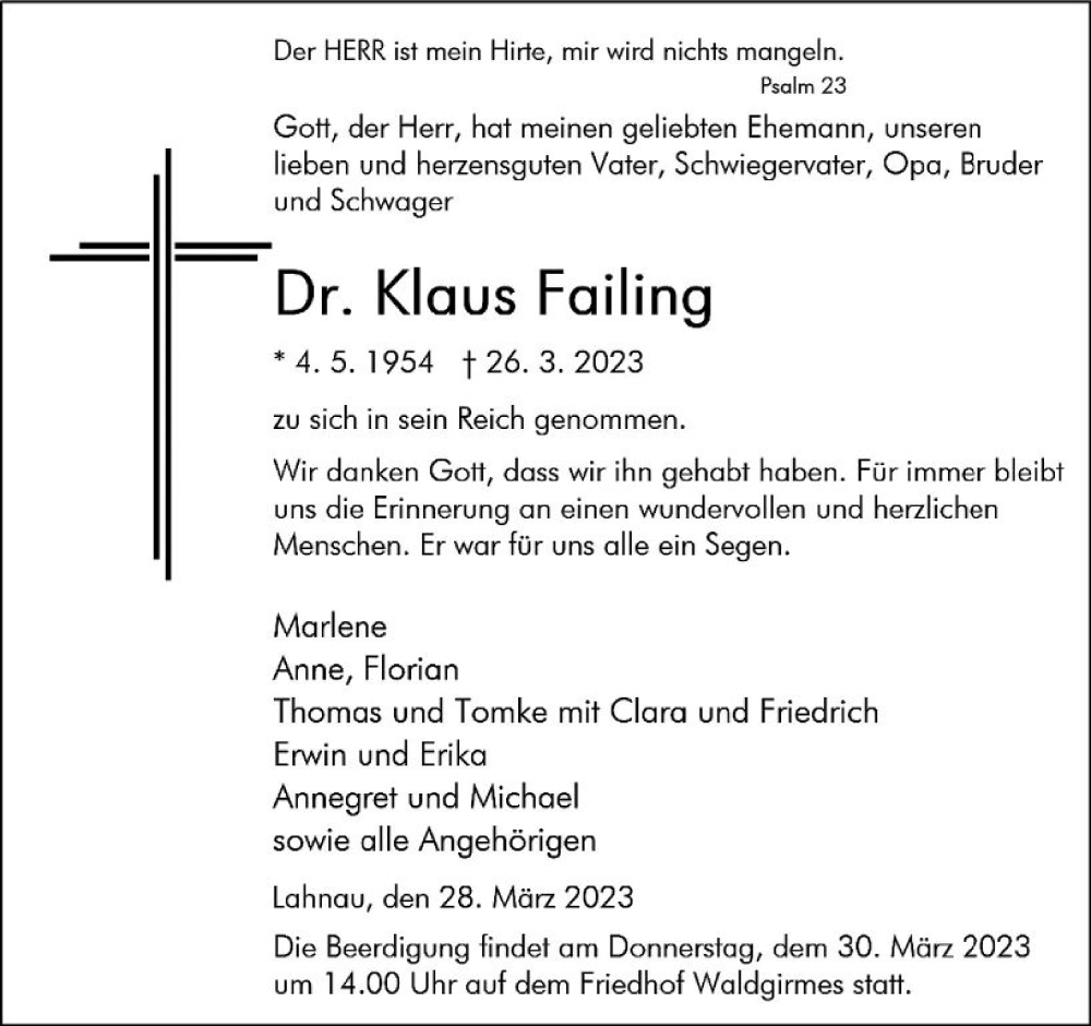  Traueranzeige für Klaus Failing vom 28.03.2023 aus Wetzlarer Neue Zeitung