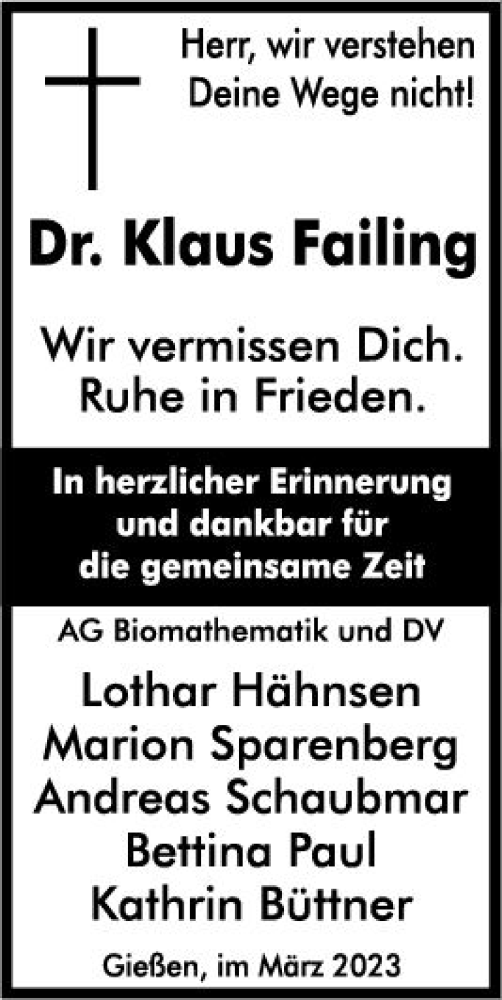 Traueranzeige von Klaus Failing von Wetzlarer Neue Zeitung