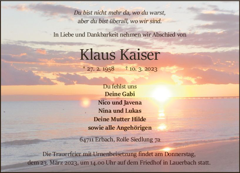  Traueranzeige für Klaus Kaiser vom 18.03.2023 aus Odenwälder Echo
