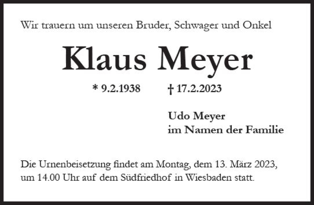  Traueranzeige für Klaus Meyer vom 04.03.2023 aus Wiesbadener Kurier