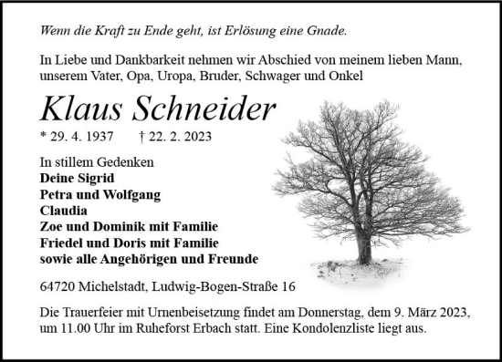 Traueranzeige von Klaus Schneider von Odenwälder Echo