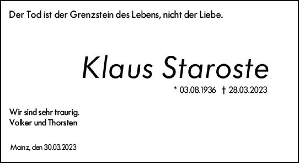  Traueranzeige für Klaus Staroste vom 30.03.2023 aus Allgemeine Zeitung Mainz