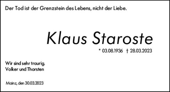 Traueranzeige von Klaus Staroste von Allgemeine Zeitung Mainz
