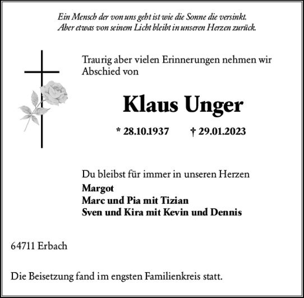 Traueranzeige für Klaus Unger vom 04.03.2023 aus Odenwälder Echo