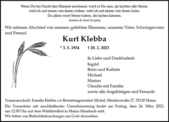 Traueranzeige von Kurt Klebba von Allgemeine Zeitung Mainz