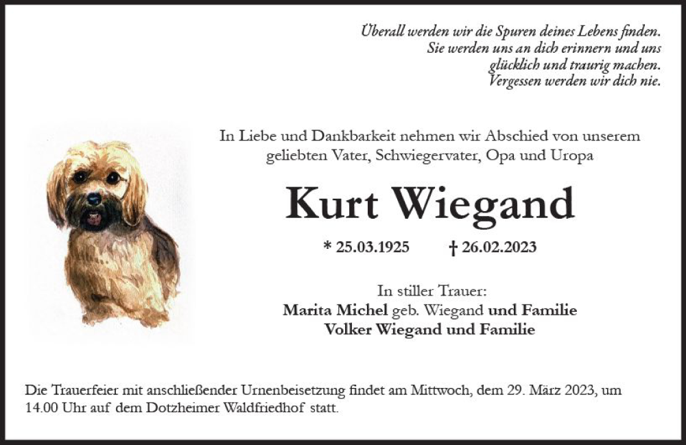  Traueranzeige für Kurt Wiegand vom 18.03.2023 aus Wiesbadener Kurier