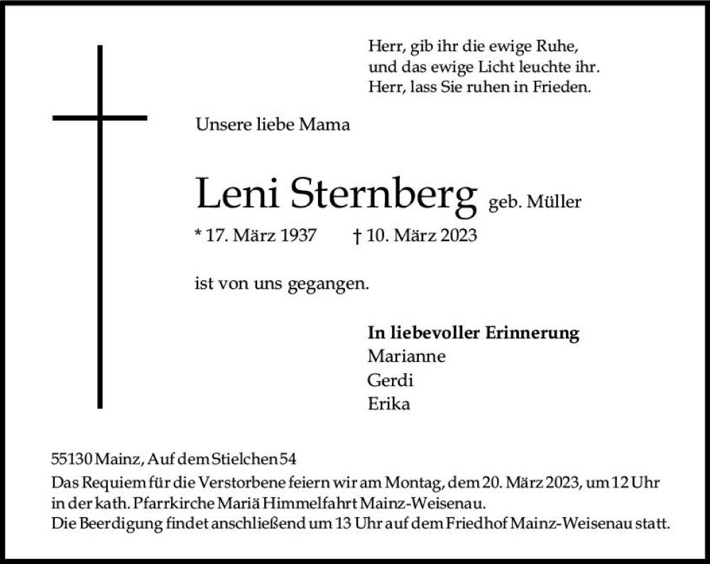  Traueranzeige für Leni Sternberg vom 18.03.2023 aus Allgemeine Zeitung Mainz