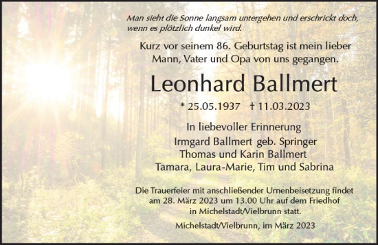 Traueranzeige von Leonhard Ballmert von Odenwälder Echo