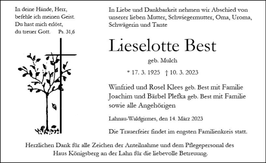 Traueranzeige von Lieselotte Best von Wetzlarer Neue Zeitung