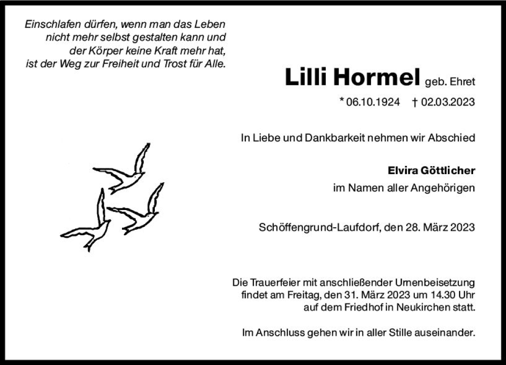  Traueranzeige für Lilli Hormel vom 28.03.2023 aus Wetzlarer Neue Zeitung