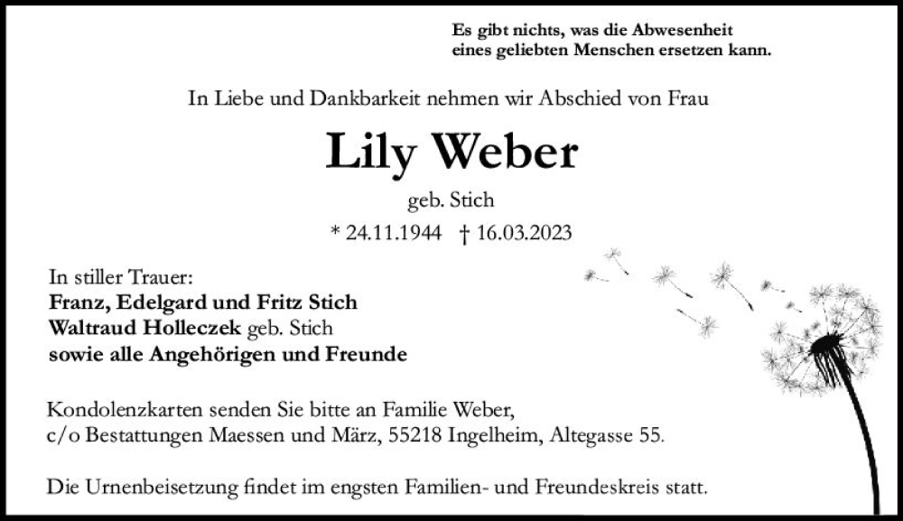  Traueranzeige für Lily Weber vom 01.04.2023 aus Allgemeine Zeitung Bingen/Ingelheim