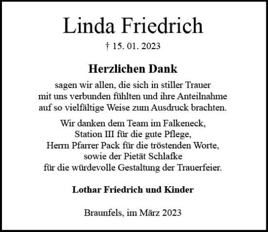 Traueranzeige von Linda Friedrich von Wetzlarer Neue Zeitung