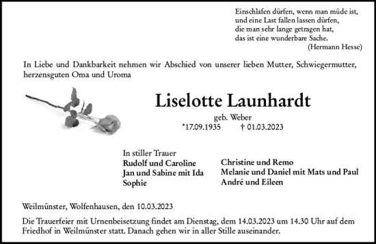 Traueranzeige von Liselotte Launhardt von Weilburger Tageblatt