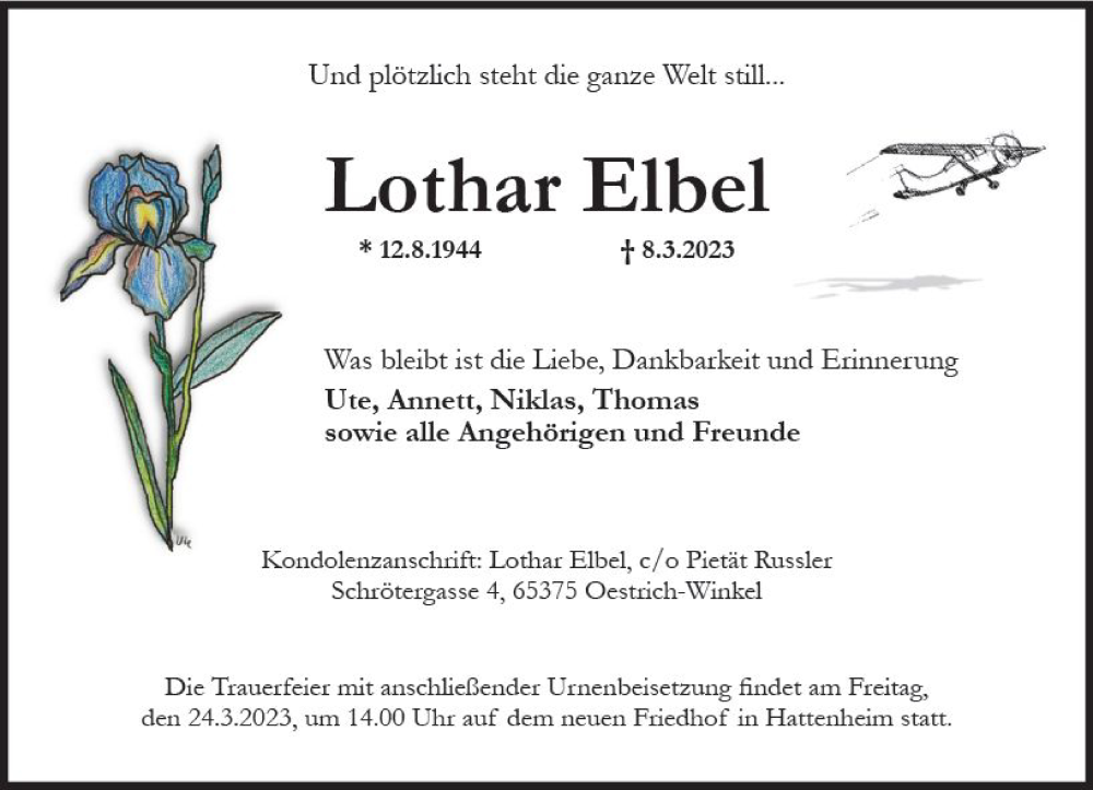  Traueranzeige für Lothar Elbel vom 18.03.2023 aus Wiesbadener Kurier