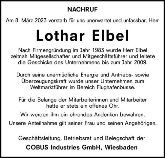 Traueranzeige von Lothar Elbel von Wiesbadener Kurier