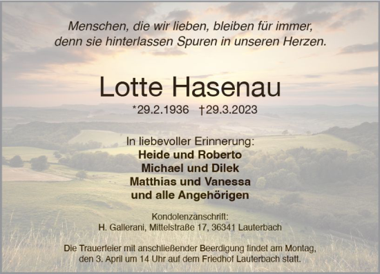 Traueranzeige von Lotte Hasenau von Lauterbacher Anzeiger