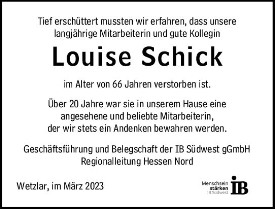 Traueranzeige von Louise Schick von Wetzlarer Neue Zeitung